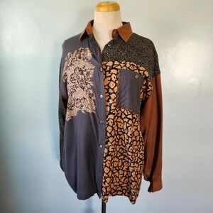 Together! Mixed Print Patchwork Button Up Shirt Brown Medium Vintage 80s 90s